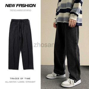 Erkek kot yeni sokak kıyafeti bol erkekler Kore moda gevşek düz geniş bacak pantolon erkek marka giyim siyah açık mavi D240417