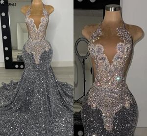 Sparkly Grey Velvet Sequin Long Prom Dresses Black Girls Luxury Rhinestones Bead Mermaid Sheer Formal Evening Party Gala klänningar Kvinnor Special Tillfälle Klänning CL3502