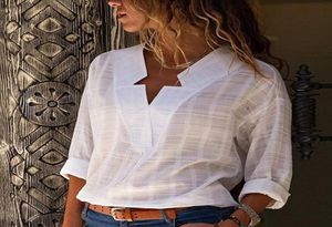 ソリッドスターV首の女性着物シャツ2020秋の格子縞のコットンリネンエレガントオフィスレディーブラウスフェミニンプラスサイズの女性シャツ1826628