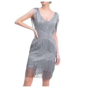 Sukienki swobodne Summer V-Neck Sliver Sequin Tassel Vintage Cosplay Dress Fashion Elegancka bez rękawów Fringe Slim Fit Cape