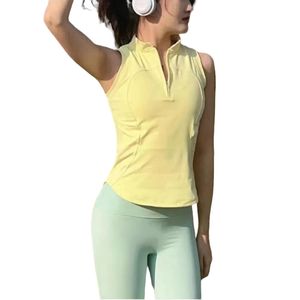 LL YOGA TANK TOP Kort ärm Halva dragkedja Kvinnor Fitness Sleeveless Top Sports Tight Thin midja Elastisk tennisstil