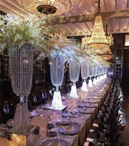 結婚式の装飾銀の花の花瓶最新のセンターピースクリスタルビーズTテーブルイベントメタルロードリーディングスタンド3522761