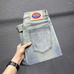 Erkekler Kot 2024Summer İnce Tip Sıkıntılı Retro Moda Günlük Streç İnce Fit All-Match Washed Washed Üst düzey kırpılmış pantolon