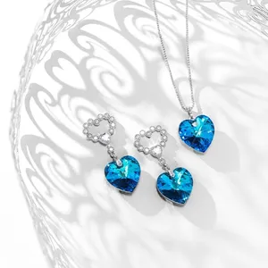 Dingle örhängen charm blå kristall halsband set sexig kvinnor tjej trendiga platina plätering hjärtörören