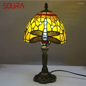 Bordslampor Soura Tiffany Glass Lamp Led Creative Design Dragonfly Mönster Desk Ljusdekor för hem vardagsrum sovrummet