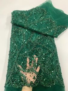 Green African Handmade paljetter Net Pearls Lace Fabric 2024 French Heavy Beaded Tulle spetstyg för brudpartiklänning Material 240407