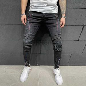 Men's Jeans New Paint For Men Spring Summer Fashion Wash Worn Holes Patch printing micro-bullet Small Feet Black Male Denim d240417