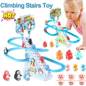 Kids Electric Climbing Stairs Toy DIY Small Dinosaur Rail Racing Track Music Roller Coaster Duck Toy For Baby Kids Gift 240318