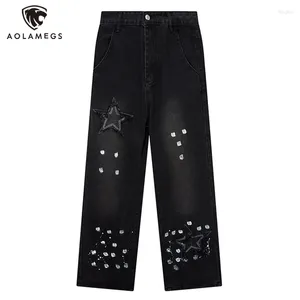 Men's Jeans Men Black Five-Pointed Star Splashing Ink Design Denim Trousers American Retro Street Punk Wide Leg Straight Pants Unisex