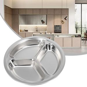 Plates Stainless Steel 3 Sections Round Divided Dish Dia 22/24/26cm Kitchen Tableware Snack Dinner Plate Children Fruit Tray