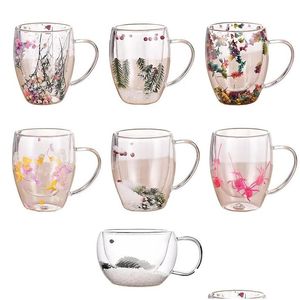 Tassen 350 ml Doppelwandglas Becher Tasse mit trockenen Blütenfüllungen Griffen Küchenzubehör