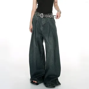 Jeans femminile ad alta vita pieghettata pieghetta retrò blu gamba larga donna stile streetwear allacciata gonna in denim vintage casual jeasn pantaloni y2k