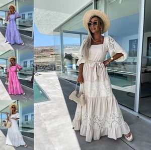 2024 Casual Dresses Square Collar Puff Half Hidees Long Dress Belt spetsstitching Beach High midje Solid Color Streetwear