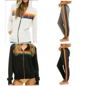 Women's Two Piece Pants Designer Hoodie Oversized Rainbow Stripe Long Sleeve Sweatshirt Zipper Pocket Coat Jacket Spring Casual Upgraded Material Good Quanlity