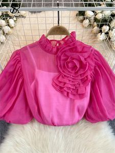 SINGREINY Chic Chiffon Two Pieces Blouse 3D Flower Ruffles Short Puff Sleeves Shirt Fashion Solid Senior Office Lady Summer Tops 240412
