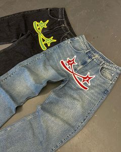 Protect Y2K Hip Hop Cross Star Print Jeans Gothic retro largo azul negro calças jeans punk calças retas streetwear 240415