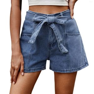 Kvinnors shorts kvinnor hög midja denim amerikansk retro bälte strappy bowknot baggy streetwear y2k jeans sommarblå byxor