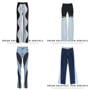 Women' Fashion Jeans Slim Deconstruct Panelled Patchwork High Waist Split Blue Long Denim Pants Autumn