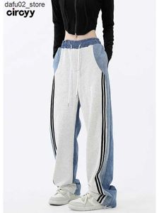 Men's Pants Y2k Womens High Waist Side Stripe Spliced Work Drawstring Casual Wide Leg Trousers Full Length Sports Pants 2024 Spring Korea Q240417