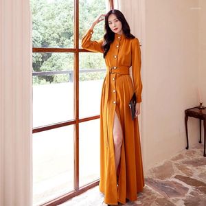 Casual Dresses Women Spring Autumn Orange Ankle-Length Dress Fashion Stand Collar Single Breasted Long Sleeve Elegant A-Line