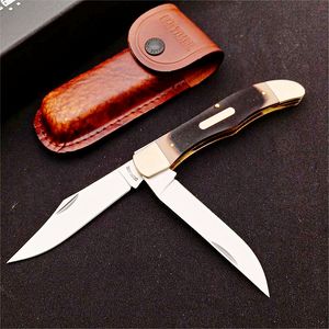 SR 250T Folding Blade Knife 7Cr17Mov Satin Two Blades Resin Handle Outdoor EDC Pocket Knives & Leather Sheath
