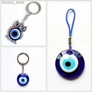 Keychains Lanyards Trkiye Glass Blue Eye Pendant Key Chain Mens Key Ring Womens Gift Unikt Vintage Cute Owl Evil Eye Animal Bag Car Key Chain Y240417