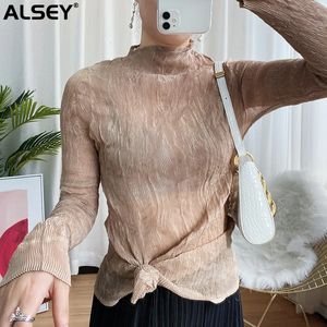 Alsey Miyake Pleated Womens Long Sleeve Top Sexy Solid Color Bottoming Shird CasuareDaily Wear Fashion Slim Feamle Tシャツ240408