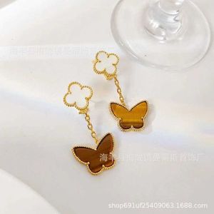 Original märke Van 925 Silver High Edition Four Leaf Grass Faryfly Flower Ear Patches Natural White Fritillaria Tiger Eye Stone Earrings