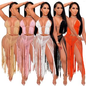 Women's Swimwear Sexy Bra Crocheted Tassels Bikinis Set Women Beach Wear 2 Pieces Halter Backless Crop Top And Pants Summer Clothes