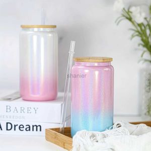 Mugs 1pc 16oz Glass Tumbler Glitter Glass Jar Shimmer Beer Mug Can Shaped Drinking Glass With Bamboo Lid And Reusable Straw DIY Gifts 240417