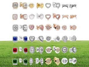 2019 New 100％925 Sterling Silver Earrings Signature Bow Square Drill Love Heart Ear Studs Charm Beads Fit Original DIY Dangler Gift Valentine9352643