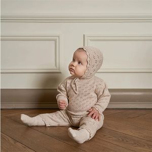 5427 Stock Clearance 73-90cm Baby Bodysuit Hollow Out Long Sleeve Knitted Suit With Hat Lace Girl Princess Clothes 240417