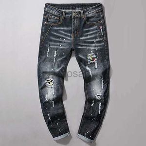 Mäns jeans elastiska varumärke män denim hål förstörde high street mode lapp trendiga smala fit cool daglig ny ankomst hiphop byxor d240417
