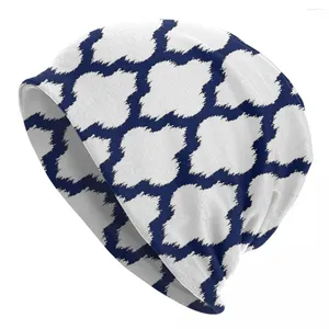 Berets Navy Blue And White Quatrefoil Ikat Style Skullies Beanies Hat Unisex Outdoor Caps Warm Thermal Elastic Bonnet Knitting Hats