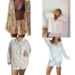 Women's Sleepwear Y2k 2 Piece Pama Set for Women Cute Floral Fruit Print Long Sleeve Button Shirt Side Split Shorts Outfits