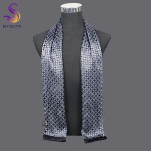 Bysifa Black Blue Plaid Men Silk Scarf Fall Winter 100％Pure Silk Male Long Scarves Spring Warmer Scarf Cravat160*26cm 240323