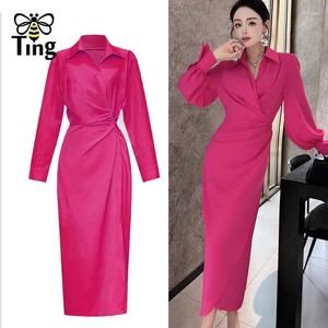 Lässige Kleider Tingfly Designer Mode Fushcia Farban Reverskragen Büro Hemd Frauen Vintage Elegant Midi Long Kleid