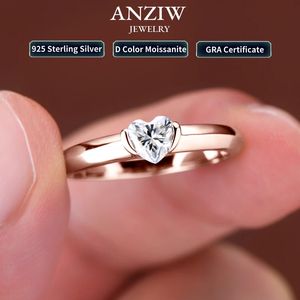 Anziw Rose Gold Color 05ct Heart Shaped Solitaire Engagement Ring Silver 925 For Women lovar Wedding Bands Jewelry 240417