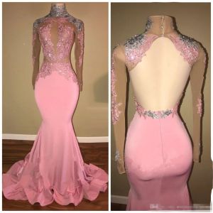 2024 Pink Formal Evening Dresses Mermaid Sheath Pink Silver Sequins Lace Appliqued Prom Party Gown Illusion Bodice Sexy Back Long Sleeves