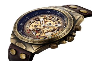 Männer mechanische Uhr Automatische Uhr Skelett selbstwickelnde Männer Uhren Retro Leder Steampunk Transparent Armbanduhr Clock9455614