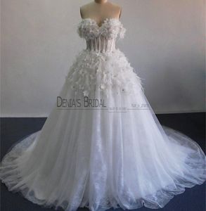 2017 Ball Gown Wedding Dresses with Off Shoulder Ostrich Feathers Beaded 3D Handmand Flowers Sheer Boned Bodice Tulle Bridal Gowns1543333