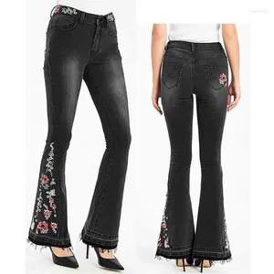 Frauen Jeans bestickte Blume ausgestattete Hosen schwarze elastische Taille Y2K