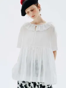 Frauenblusen imakokoni Original Design Weiß kurzärmelige T-Shirt Revers Spleißschnüre Feste Farbe Top Sommer 234185