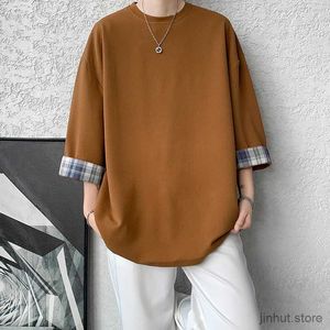 Men's T-Shirts 8XL-M Spring Summer Mens Ice Silk T-shirts Women Oversized Plaid T-shirt Korean Style Casual Seven sleeves T-Shirt Male