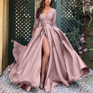 A Evening Pink Dresses Line Simple Side High Split Satin Prom Dress With 3/4 Long Sleeve V Neck Sexy Specia Ocn Gowns For Women 2022