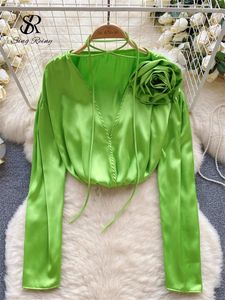 Blusas femininas de moda sirreiny 3d blusa de cetim floral de alta qualidade mangas compridas