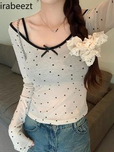 Women's T Shirts Design Polka Dot Sexy Bare Shoulder One Line Collar Thin Mesh T-shirt High Strecth Crop Top Slim Fit Feminist Clothes