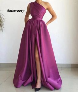 Party Dresses prom Purple One Shoulder A-Line Side Slit Satin Pleated With Zipper Back Vestidos de Fiesta Noche