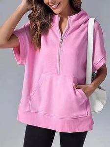 Womens Oversized Half Zip Hoodies Short Sleeve Casual Sweatshirts Pullover Tops with Pockets 2404172