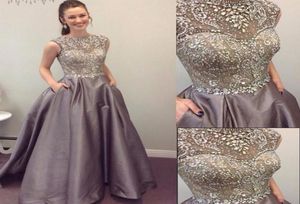 Silver Satin Prom Dresses Crystal Grey Formal Evening Gowns With Jewel Neck Sleeveless Floor Length dress gown5036534